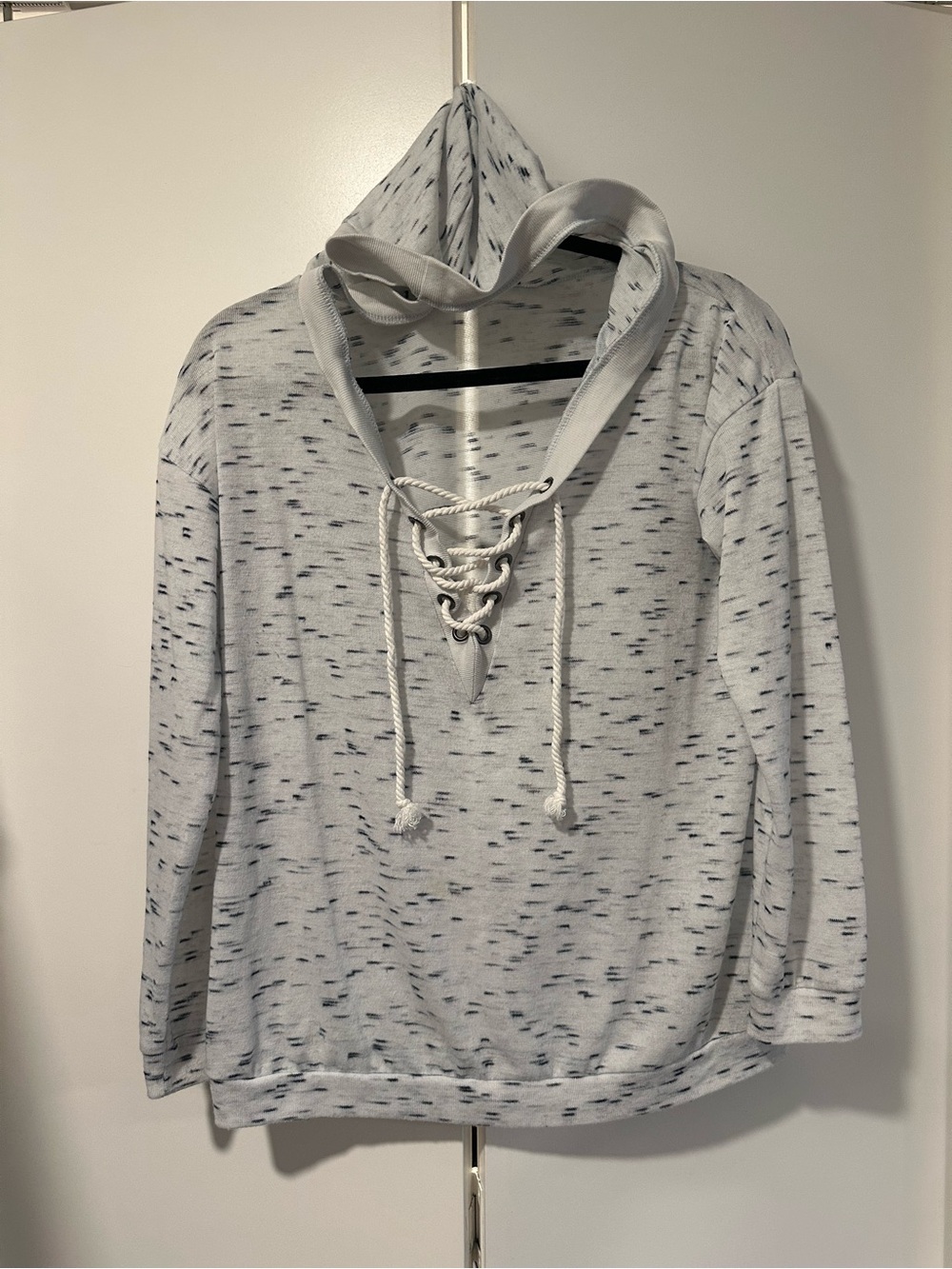 Light Gray Speckled Lace-Up Hoodie Top Medium